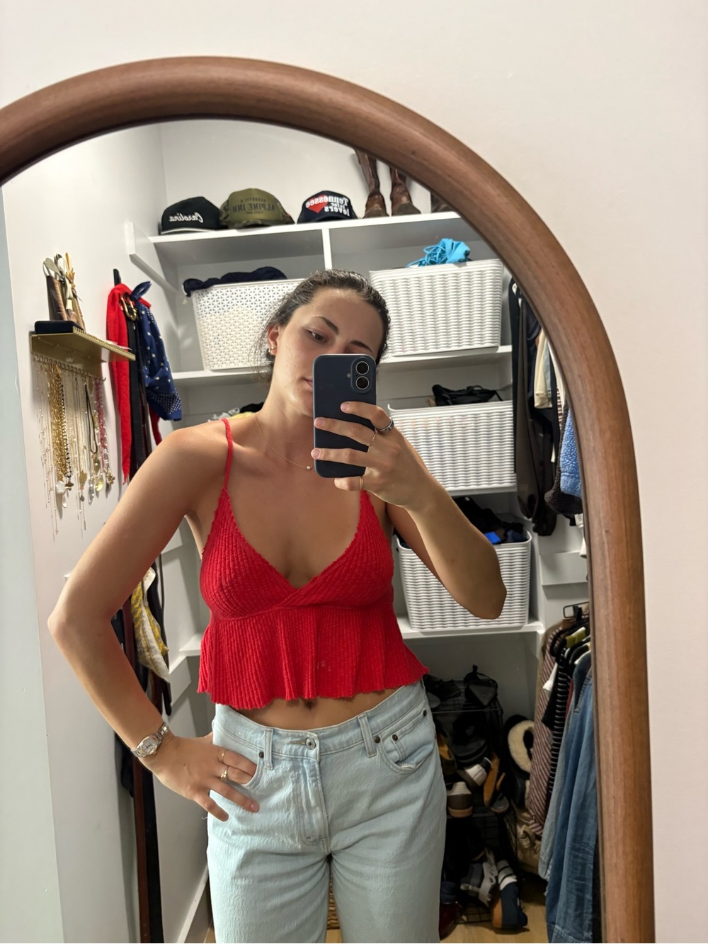 Urban Outfitters Red Knit Ruffle-Hem Cropped Tank